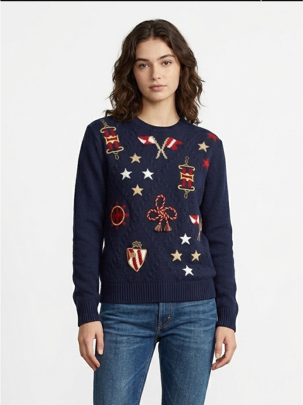 Vintage Alfred Dunner Nautical Embroidered Sweater Navy Blue Stars Flags Grandma